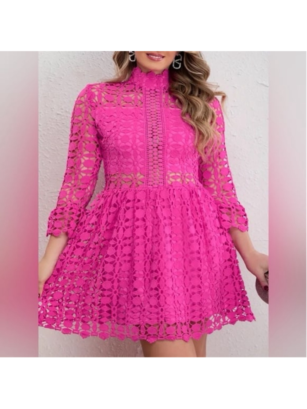 Eilly Bazar Women's Elegant Stand Collar Lace Hollow-Out Hot Pink Dress